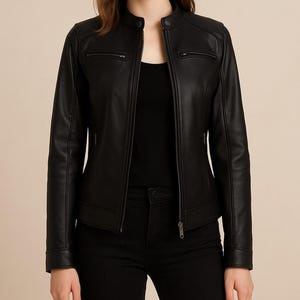 Slim Fit Moto Leather Jacket for Women | Real Lambskin Leather with Zipper Pockets | Minimalist Riding Jacket