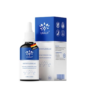 May include: A blue and white bottle of Methylene Blue solution with a dropper, and a matching box. The bottle has a label with the text "UKAUF" and "METHYLENBLAU". The bottle contains 3.38 fl oz (100ml).