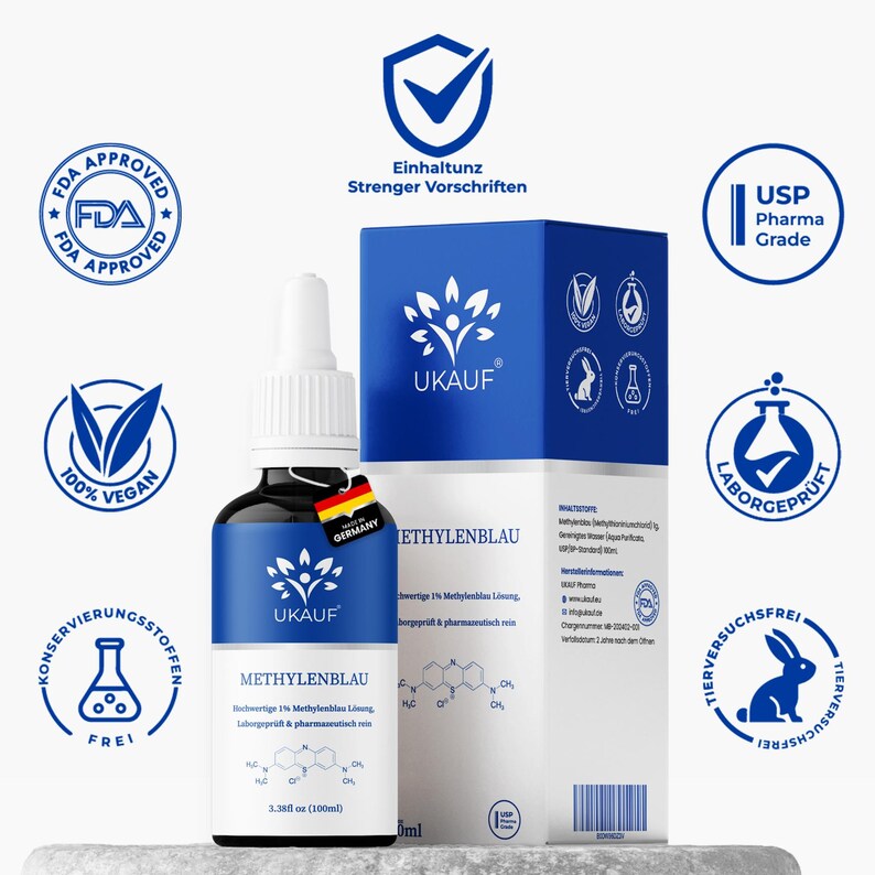 May include: A blue and white bottle of Methylene Blue solution with a white dropper and a matching box. The bottle has the text "UKAUF" and "METHYLENBLAU". The box has the text "Einhaltunz Strenger Vorschriften". The bottle contains 100ml.
