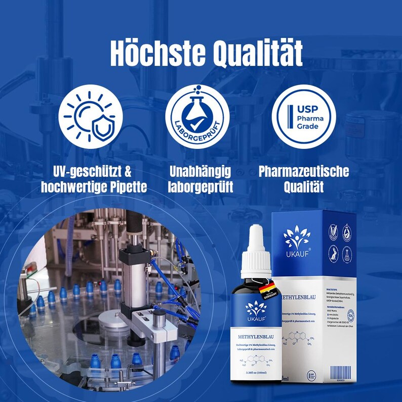 May include: A blue and black bottle of Methylene Blue with a white dropper, and a matching box. The text on the box and bottle reads "UKAUF" and "METHYLENBLAU". The image also includes text in German.