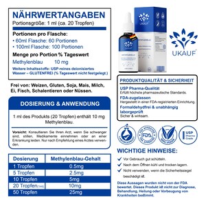 May include: A product information sheet with a blue and white design. It features a bottle of liquid, a box, and detailed information about the product's ingredients, dosage, and safety. The text includes "Methylenblau" and "USP Pharma Grade".
