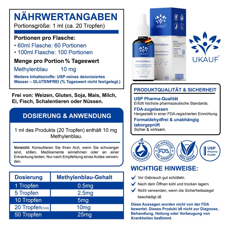 May include: A product information sheet with a blue and white design. It features a bottle of liquid, a box, and detailed information about the product's ingredients, dosage, and safety. The text includes "Methylenblau" and "USP Pharma Grade".