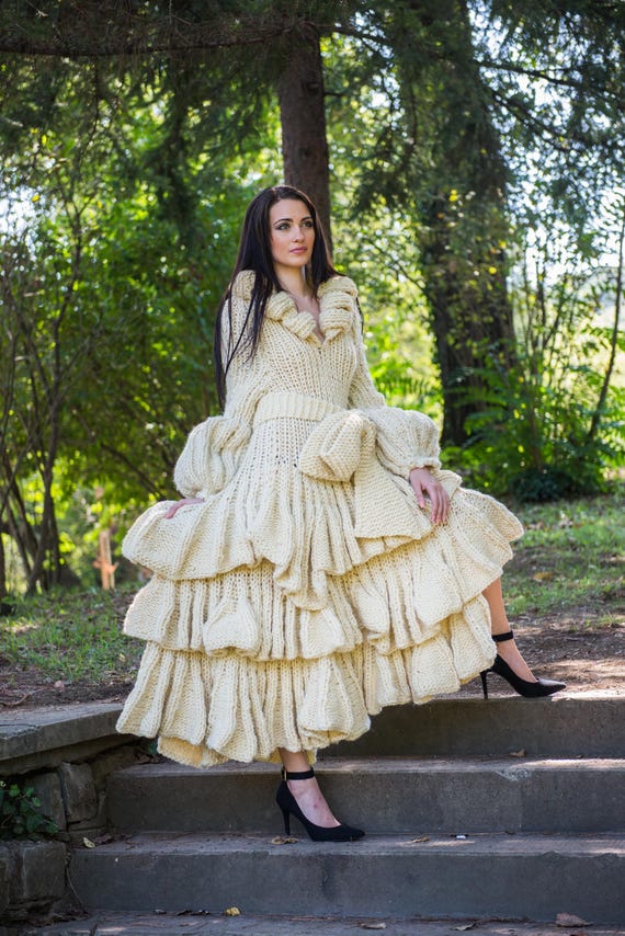 Hand-Knitted Wool Dress – Elegant Ruffled Winter Gown