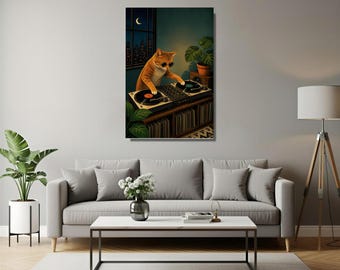 Poster da DJ con gatto alla moda, decorazione vintage, quadro arrotolato da parete, regalo per amanti della musica, decorazione per una stanza a tema musicale, poster con giradischi retrò