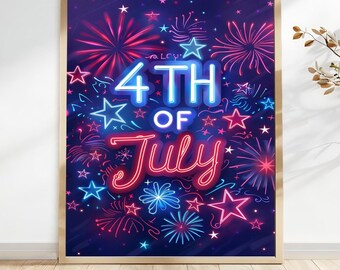 4th of July Neon Fireworks Poster: Vertical Patriotic Wall Art