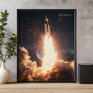 Artemis 2 Liftoff Rolled Poster, Rocket and Moon (24x36 inches)