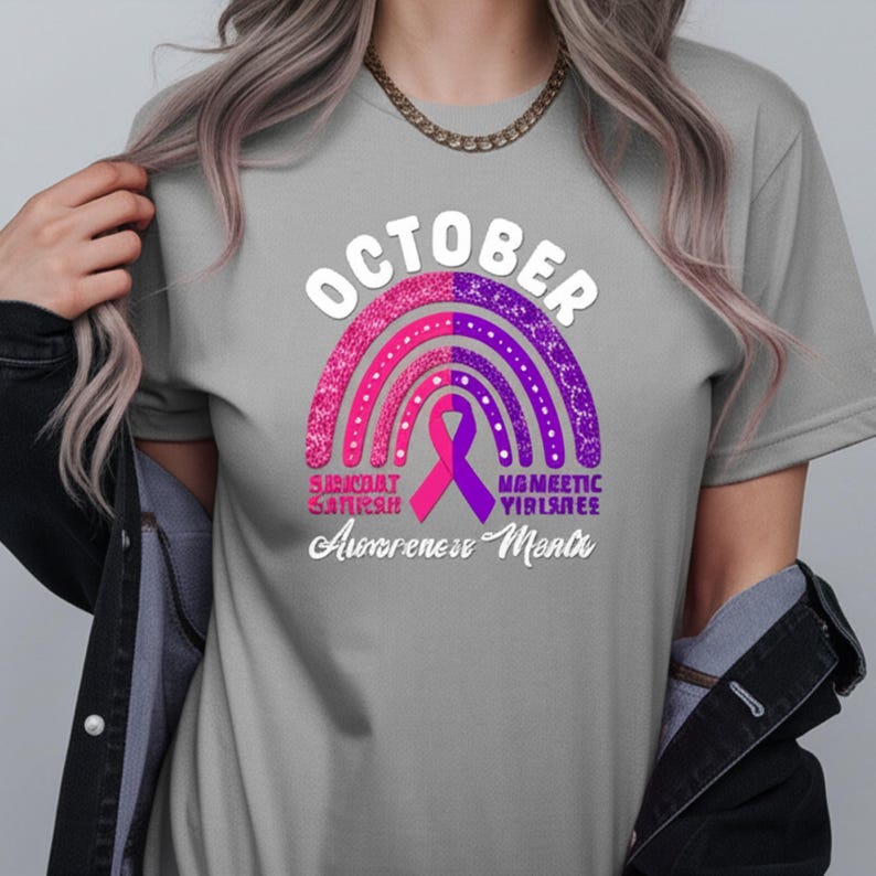 A person wearing a gray t-shirt with a graphic design featuring a rainbow and text related to October awareness.