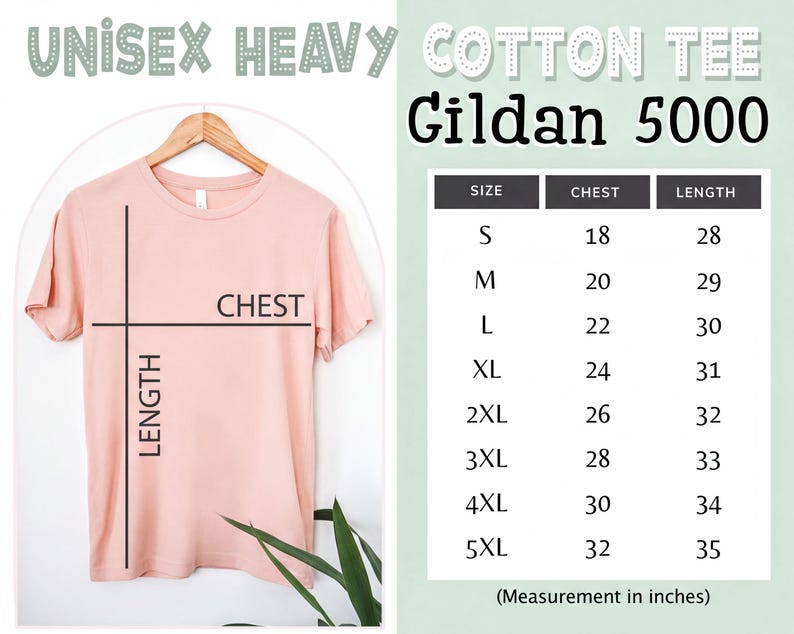 The image is a collage of two images. The left image shows a pink t-shirt hanging on a hanger, with measurements and labels indicating the size and chest measurements. The right image is a table with measurements and corresponding sizes for a cotton t-shirt, including the length, chest, and sleeve measurements.
