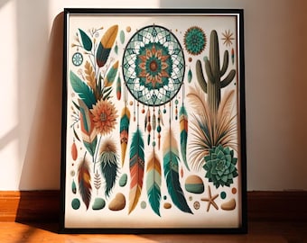 Boho Dreamcatcher Poster, Feathers & Cactus, Southwestern Style (24x36 inches)