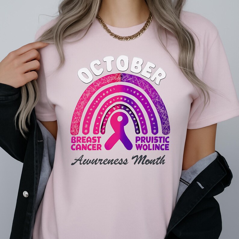 A woman wearing a pink t-shirt with a graphic design related to breast cancer awareness.