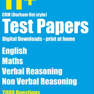 Puede incluir: Gráfico azul con texto blanco y amarillo que promociona exámenes 11+. El texto incluye "Test Papers", "English", "Maths", "Verbal Reasoning", "Non Verbal Reasoning" y "2000 Questions".