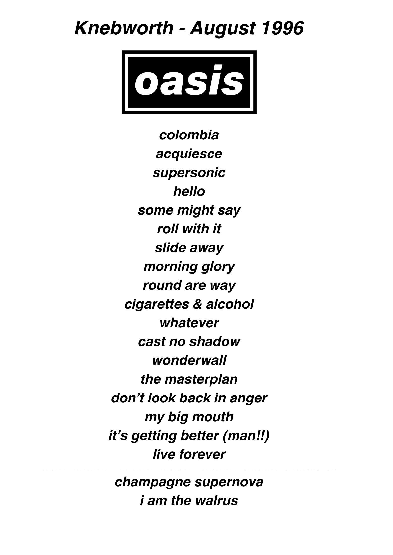 Oasis Setlist Example Oasis 1996 Tour Setlist Poster Knebworth - Etsy