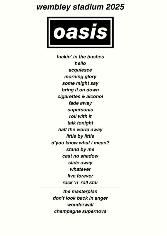 オアシス 2025 ツアー セットリスト ポスター ウェンブリー スタジアム