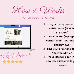 May include: A laptop screen displays a website with the text "Blair Winston" and instructions on how to download a file after purchase. The image includes the text "How it Works" and "Boss Girl Approved!" on a pink background.