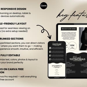 May include: A digital marketing template displayed on a tablet and smartphone. The template features a black and white design with sections for brand information, client testimonials, and frequently asked questions. The text includes "Fully Responsive Design" and "Mobile-Friendly Layout."