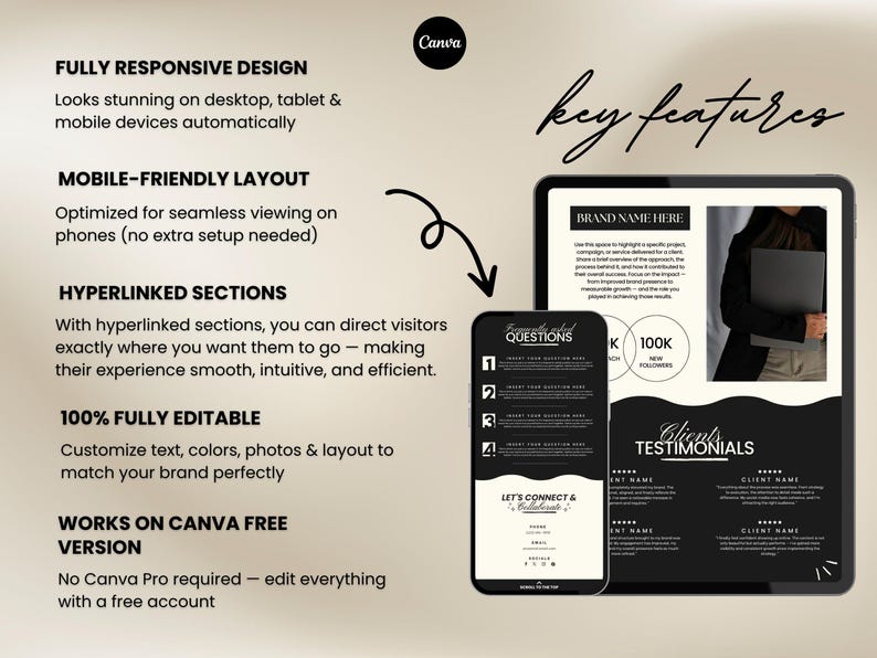 May include: A digital marketing template displayed on a tablet and smartphone. The template features a black and white design with sections for brand information, client testimonials, and frequently asked questions. The text includes "Fully Responsive Design" and "Mobile-Friendly Layout."
