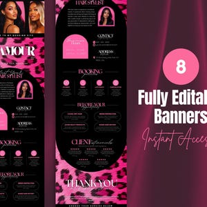May include: A set of eight fully editable banners with a pink and black leopard print design. The banners include text such as "Glamour," "Meet Your Hair Stylist," and "Instant Access!"