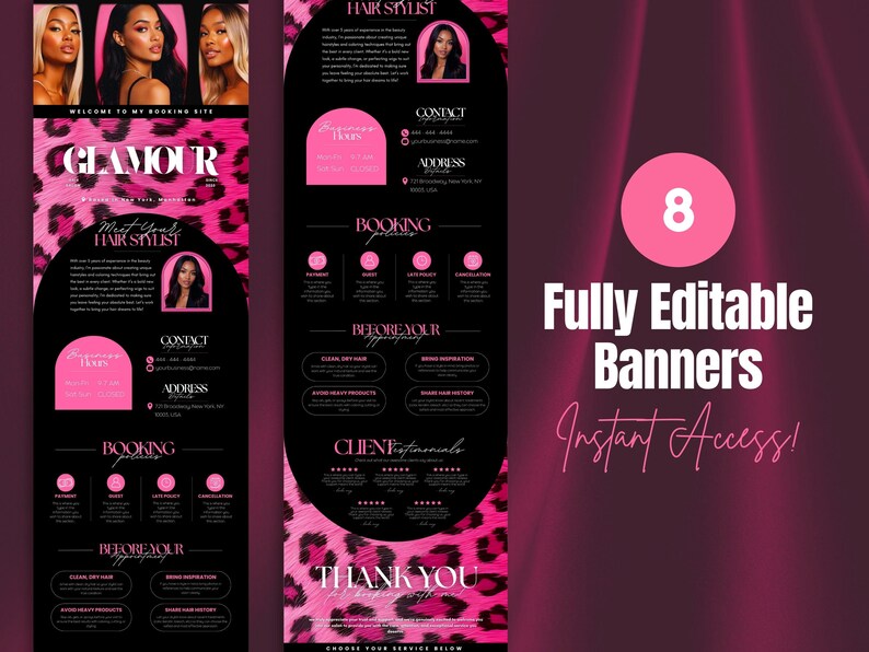 May include: A set of eight fully editable banners with a pink and black leopard print design. The banners include text such as "Glamour," "Meet Your Hair Stylist," and "Instant Access!"