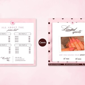 May include: A two-part digital template featuring a light pink background with dark polka dots. The left side displays a price list with four sections and contact details. The right side shows a photo of manicured nails with the text Limited spots.