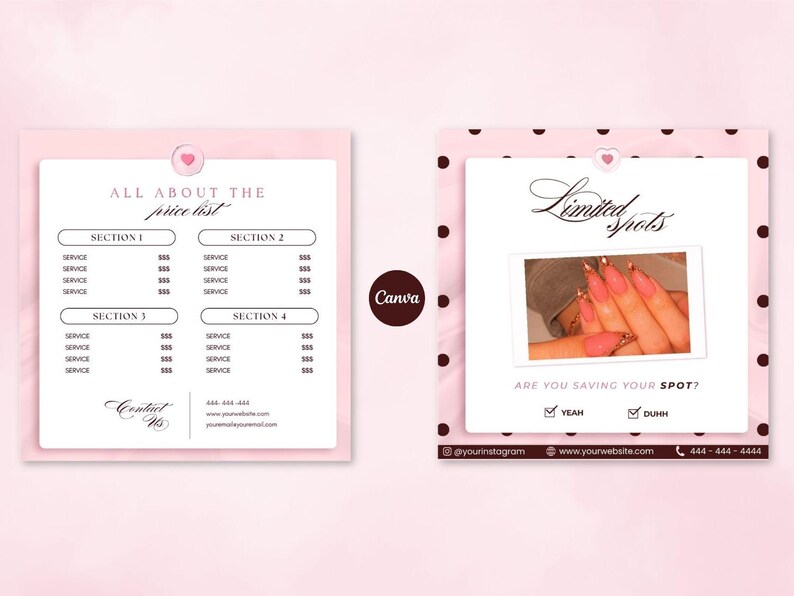 May include: A two-part digital template featuring a light pink background with dark polka dots. The left side displays a price list with four sections and contact details. The right side shows a photo of manicured nails with the text Limited spots.