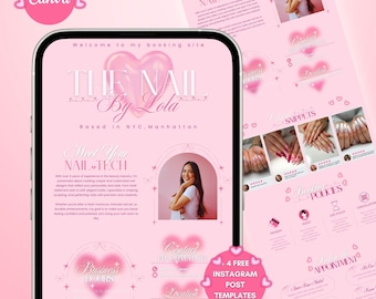 Pink Nail Tech Acuity Scheduling Website Template Pink Girly Feminine Heart themed Acuity Template Canva Scheduling nailtech Marketing