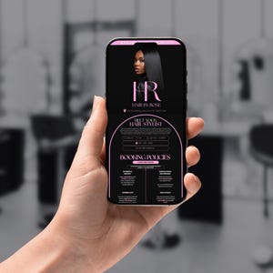 Pode incluir: Um smartphone exibe um an&uacute;ncio preto e rosa para "Hair by Rose". O an&uacute;ncio apresenta uma mulher com cabelo preto longo e liso. O texto inclui "Meet Your Hair Stylist" e "Booking Policies."
