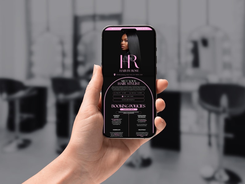 Pode incluir: Um smartphone exibe um an&uacute;ncio preto e rosa para "Hair by Rose". O an&uacute;ncio apresenta uma mulher com cabelo preto longo e liso. O texto inclui "Meet Your Hair Stylist" e "Booking Policies."
