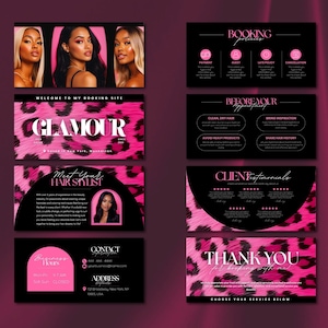 May include: A set of business cards with a pink and black leopard print design. The cards feature text such as "Glamour", "Meet Your Hair Stylist", and "Thank You". The cards also include images of women with long hair.