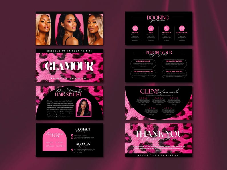 May include: A set of business cards with a pink and black leopard print design. The cards feature text such as "Glamour", "Meet Your Hair Stylist", and "Thank You". The cards also include images of women with long hair.