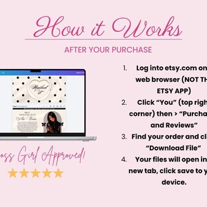 May include: A pink graphic with instructions on how to download a file after purchase. The text includes "How it Works" and "Boss Girl Approved!" with a laptop image displaying a website. The instructions are numbered and include steps for Etsy purchases.