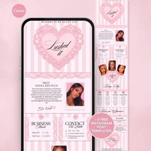 May include: A digital template for a beauty business website displayed on a smartphone screen, featuring a light pink striped background, lace-style heart graphics, and the text Lashed it. The layout includes sections for business hours, contact info, and lash technician profiles.