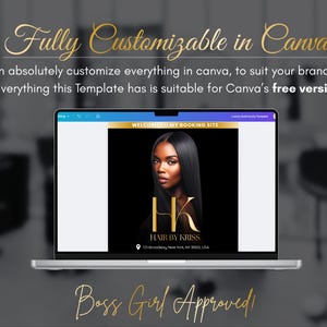 K&ouml;nnte beinhalten: Ein Laptop zeigt eine Buchungsseiten-Vorlage f&uuml;r einen Friseur, die eine Frau mit dunklem Haar zeigt. Die Vorlage enth&auml;lt den Text "HK HAIR BY KRISS" und wird als "Vollst&auml;ndig anpassbar in Canva" beschrieben.