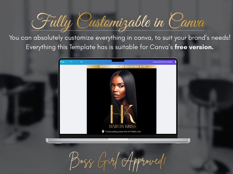 K&ouml;nnte beinhalten: Ein Laptop zeigt eine Buchungsseiten-Vorlage f&uuml;r einen Friseur, die eine Frau mit dunklem Haar zeigt. Die Vorlage enth&auml;lt den Text "HK HAIR BY KRISS" und wird als "Vollst&auml;ndig anpassbar in Canva" beschrieben.