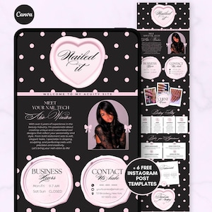 May include: A black and pink digital advertisement for a nail technician, featuring the text "Nailed It" in a heart-shaped design. The design includes business hours, contact information, and Instagram post templates.