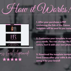 Pode incluir: Um ecr&atilde; de laptop mostra um modelo Canva com o texto "Hair by Rose". A imagem inclui o texto "How it Works!" e instru&ccedil;&otilde;es para personalizar e baixar o modelo. A frase "Boss Girl Approved!" tamb&eacute;m &eacute; vis&iacute;vel.