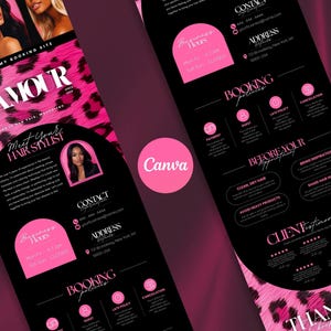 May include: A pink and black flyer for a hair stylist, featuring a leopard print design. The flyer includes contact information, booking policies, and client testimonials. The text reads "Glamour" and "Meet Your Hair Stylist."