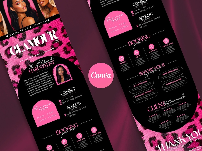 May include: A pink and black flyer for a hair stylist, featuring a leopard print design. The flyer includes contact information, booking policies, and client testimonials. The text reads "Glamour" and "Meet Your Hair Stylist."