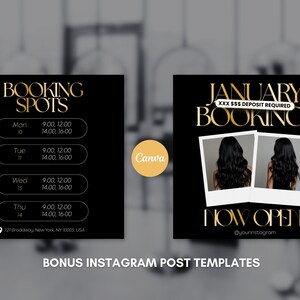 K&ouml;nnte beinhalten: Schwarze und goldene Instagram-Post-Vorlagen. Eine Vorlage zeigt Buchungszeiten f&uuml;r die Woche. Die andere Vorlage lautet "Januar-Buchungen" mit zwei Fotos und "Jetzt ge&ouml;ffnet!"