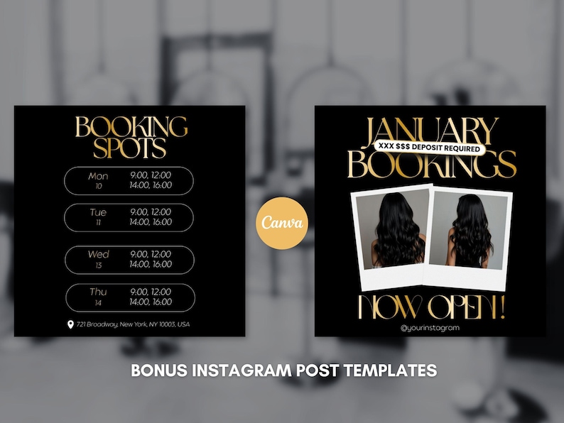 K&ouml;nnte beinhalten: Schwarze und goldene Instagram-Post-Vorlagen. Eine Vorlage zeigt Buchungszeiten f&uuml;r die Woche. Die andere Vorlage lautet "Januar-Buchungen" mit zwei Fotos und "Jetzt ge&ouml;ffnet!"
