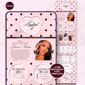 Könnte beinhalten: Eine rosa und weiße Werbegrafik für eine Wimperntechnikerin mit einem Foto der Technikerin, Kontaktinformationen und Instagram-Postvorlagen. Das Design enthält Polka Dots und herzförmige Elemente.