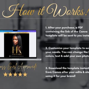 K&ouml;nnte beinhalten: Ein Laptop-Bildschirm zeigt eine Canva-Vorlage mit einem Frauenportr&auml;t und dem Text "HK HAIR BY KRUSS". Goldene Schrift liest "How it Works!" und "Boss Girl Approved!" mit f&uuml;nf Sternen. Anweisungen beschreiben die Vorlagennutzung.