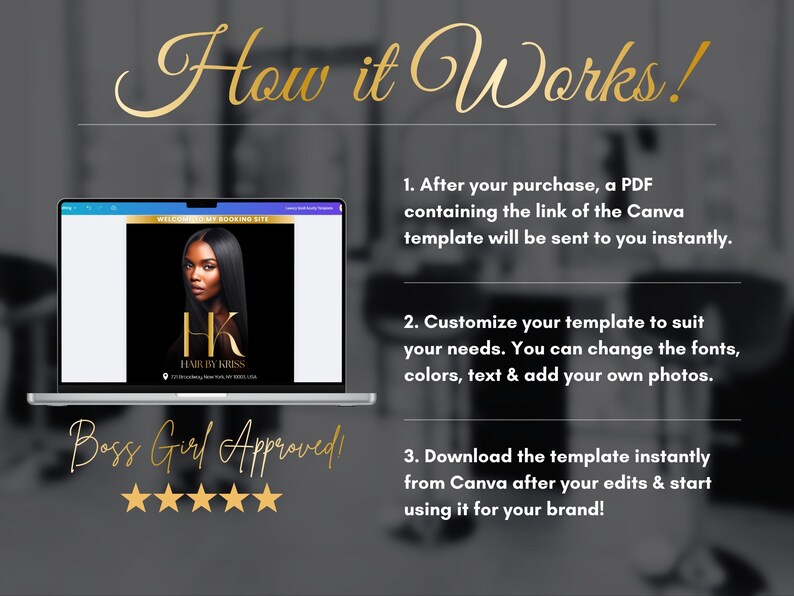 K&ouml;nnte beinhalten: Ein Laptop-Bildschirm zeigt eine Canva-Vorlage mit einem Frauenportr&auml;t und dem Text "HK HAIR BY KRUSS". Goldene Schrift liest "How it Works!" und "Boss Girl Approved!" mit f&uuml;nf Sternen. Anweisungen beschreiben die Vorlagennutzung.