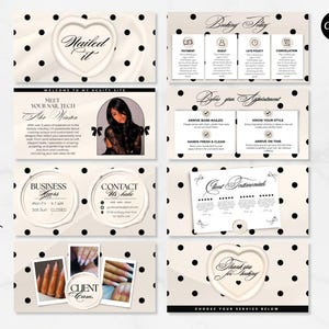 May include: Eight editable banners with a cream polka dot background. The banners include text such as "Nailed it", "Meet Your Nail Tech", "Booking Policy", and "Client Testimonials". The banners are for a nail salon.