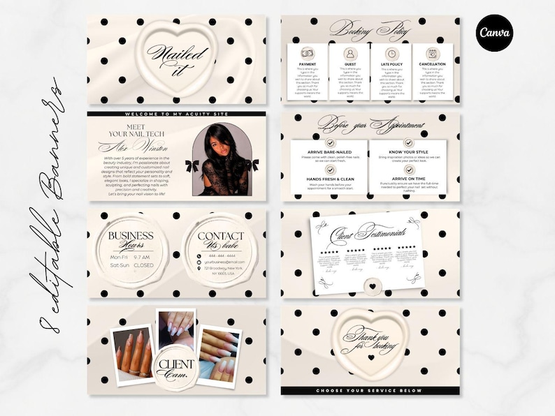 May include: Eight editable banners with a cream polka dot background. The banners include text such as "Nailed it", "Meet Your Nail Tech", "Booking Policy", and "Client Testimonials". The banners are for a nail salon.