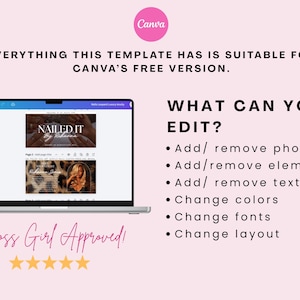 May include: A laptop displays a Canva template with the text "NAILED IT" and "Boss Girl Approved!". The image includes a pink Canva logo and lists editable features: add/remove photos, elements, and text; change colors, fonts, and layout.