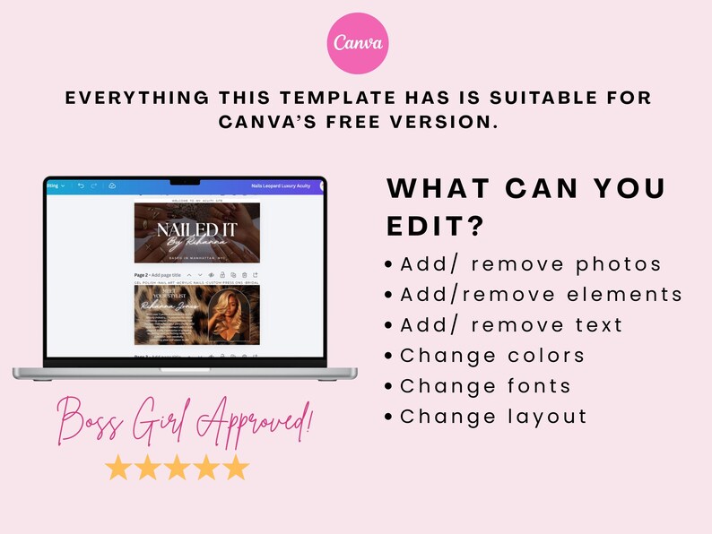 May include: A laptop displays a Canva template with the text "NAILED IT" and "Boss Girl Approved!". The image includes a pink Canva logo and lists editable features: add/remove photos, elements, and text; change colors, fonts, and layout.