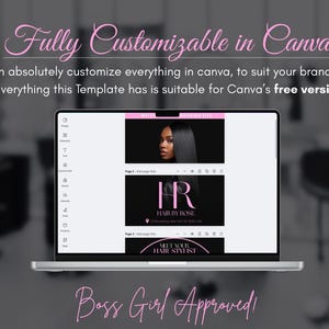 Pode incluir: Um ecr&atilde; de computador port&aacute;til exibe um modelo com o texto "Fully Customizable in Canva". O modelo inclui um log&oacute;tipo de cabeleireiro e as palavras "Hair by Rose". O texto "Boss Girl Approved!" tamb&eacute;m &eacute; vis&iacute;vel.