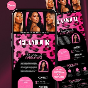 Puede incluir: Anuncio digital para una peluquería, con un diseño de estampado de leopardo rosa y negro. El anuncio incluye el nombre del salón, "Glamour", y el texto "Conoce a tu estilista". También incluye información de contacto y plantillas de publicaciones de Instagram.