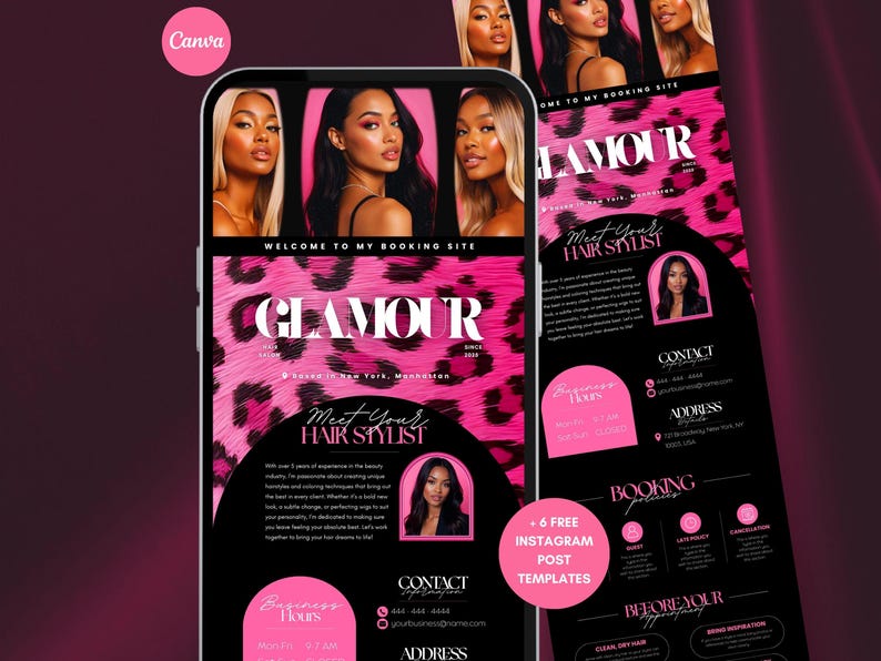 May include: A digital advertisement for a hair salon, featuring a pink and black leopard print design. The ad includes the salon's name, "Glamour," and the text "Meet Your Hair Stylist." It also includes contact information and Instagram post templates.