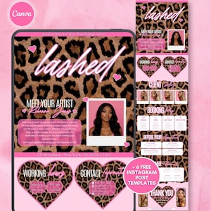 May include: A digital marketing template with a pink and leopard print design. The text "lashed" is displayed prominently, along with sections for client information, booking details, and Instagram post templates. The template includes a photo of a woman.